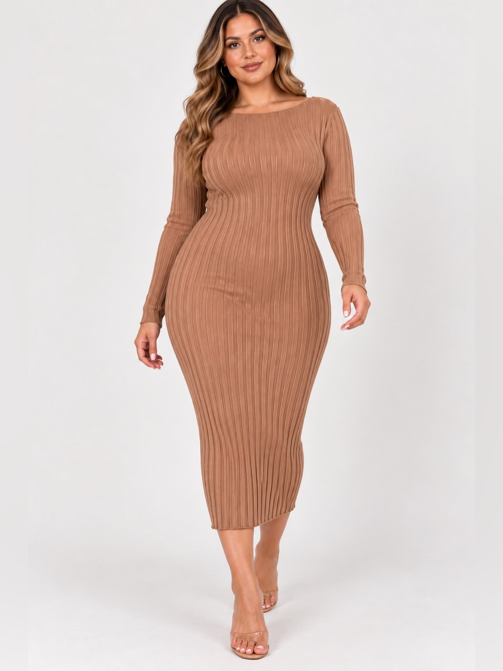 NWT PrettyGarden Slim Ribbed Long Sleeve Midi Dress in Camel Size: XXL